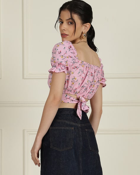 Floral Cute Crop Tops Shein Shein Cute Back-Knot Floral Pattern