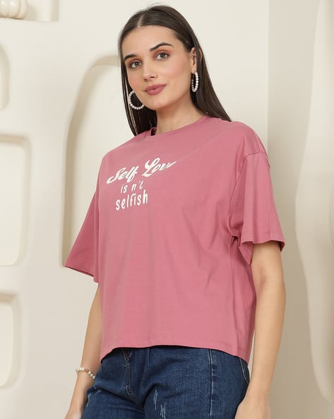 SHEIN XS ピンク Tシャツ　バックプリント　トップス Buy Shein Shein Back Typographic Print  Online | Ajio.com