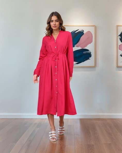 Shein Elegant Slit Collar Neck Cuffed Sleeves Midi Shirt Dress - Main Image