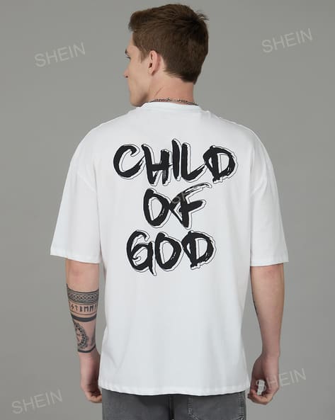 Shein Drop-Shoulder Sleeves Back Typographic Print Oversized Fit Crew Tshirt