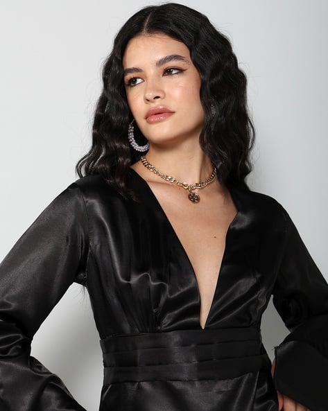 shein black satin dress SHEIN X Tarsha Whitmore SHEIN Belle Asymmetric Neck Draped Backless Satin  Dress Black Elegant Formal Evening Prom Wedding Guest Gown, For Graduation,