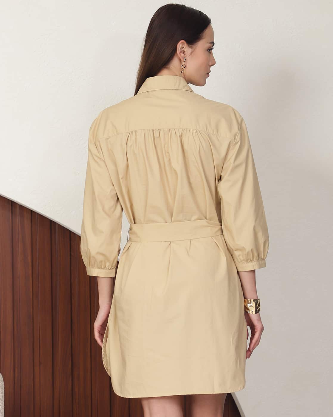 beige shirt dress with belt 550-1 Midi shirtdress with gold buttons, ties and short sleeves - beige