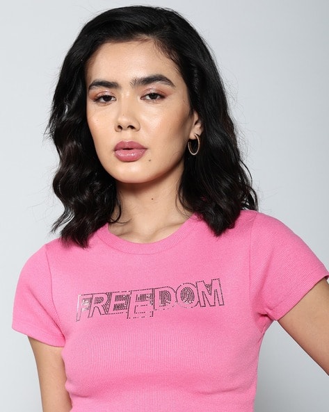 Shein Short Sleeve Ribbed Chest Typographic Print Fitted Crop Top