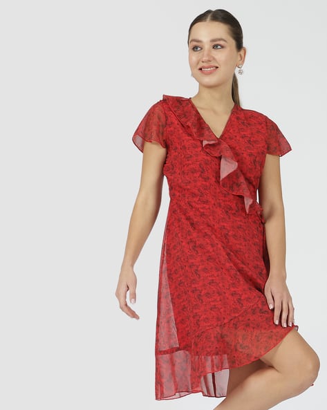 Shein Floral Print Ruffled Tie-Up Wrap Dress