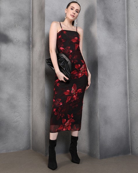 Shein Spaghetti Strap Floral Print Midi Bodycon Dress