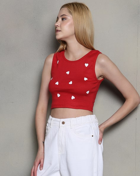 Shein Sleeveless Novelty Print Ribbed Fitted Crop Top
