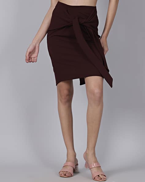 Shein Mini Pencil Skirt Zipper Shein Party Front Tie-Up Burgundy