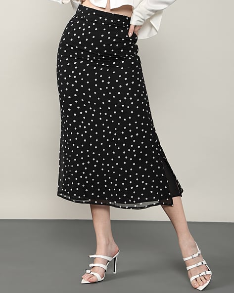 Shein Slit Feminine Polka-dot Pattern Midi (below The Knee) Skirt
