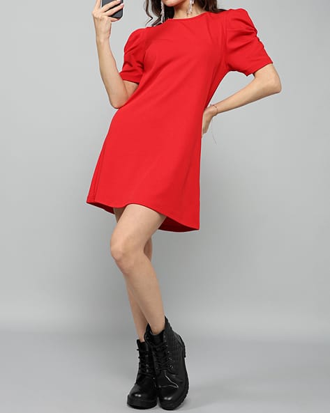 Short Red Dress Outfit Sleeves Fitted T-shirt Dress In Bright Red