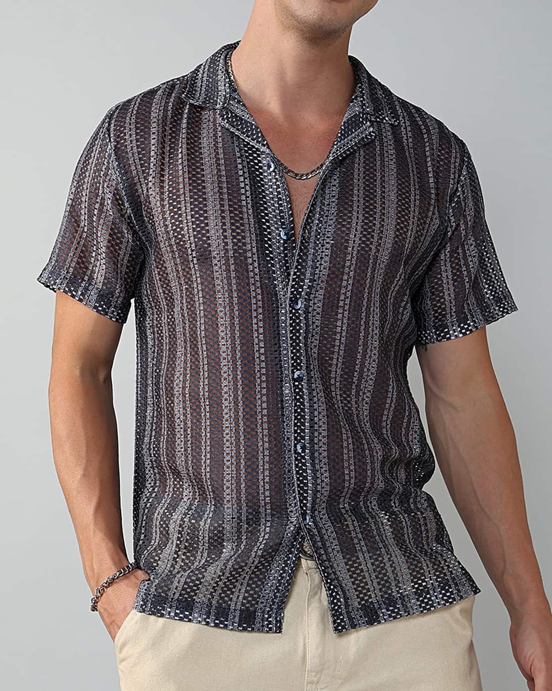 SYUMAN 24SS Crochet Short Sleeve Shirt ⁡ Sky Magic Men's Knit Button Down Casual Shirt Short Sleeve