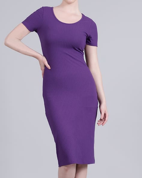 Shein Knee Length Short Sleeves Ribbed Bodycon Dress