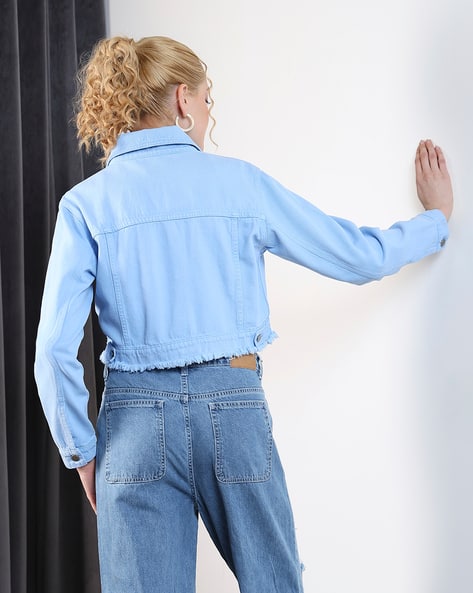 Ajio Denim Jacket Frayed Hem Buy Light Blue Jackets Coats For