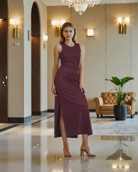 knee length dresses for ladies Wine Red Velvet Bodycon One Shoulder Dress