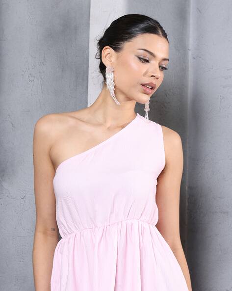 shein pink one shoulder dress SHEIN One Shoulder Split Thigh Ruched Mesh Dress HOT PINK Size M