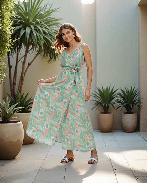 shein mint green dress Floral Garden Print Tiered Maxi Dress