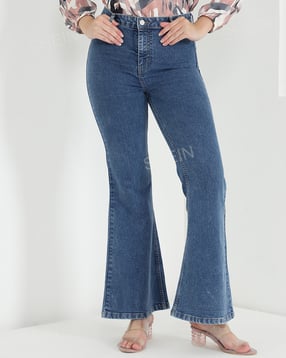 Shein Full Length Fixed Waist Mid Blue Flared Jeans-image-1