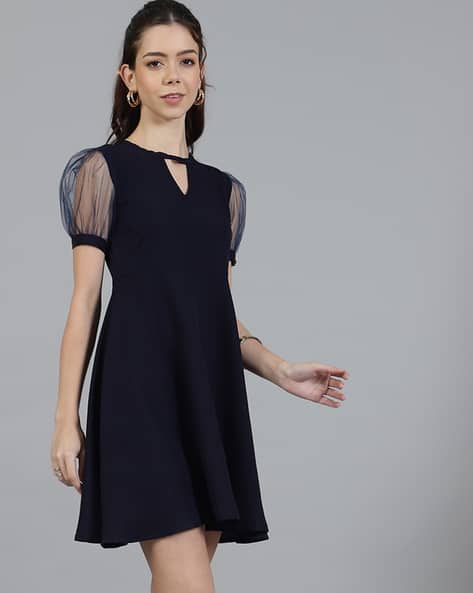 Navy Blue Dress Navy Skater Dress With Sleeves Scuba Puff Sleeve