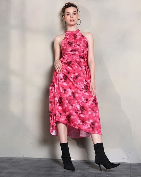 Shein Halter Neck Tie and Dye Print A-line Midi Dress