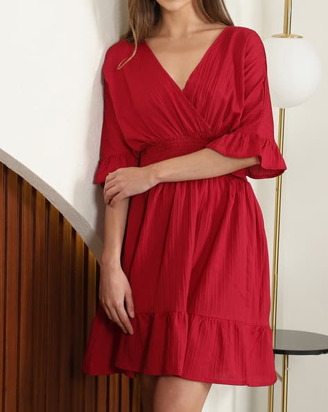 Shein Flounce Sleeves Mock Wrap Empire Dress with Back Tie-up