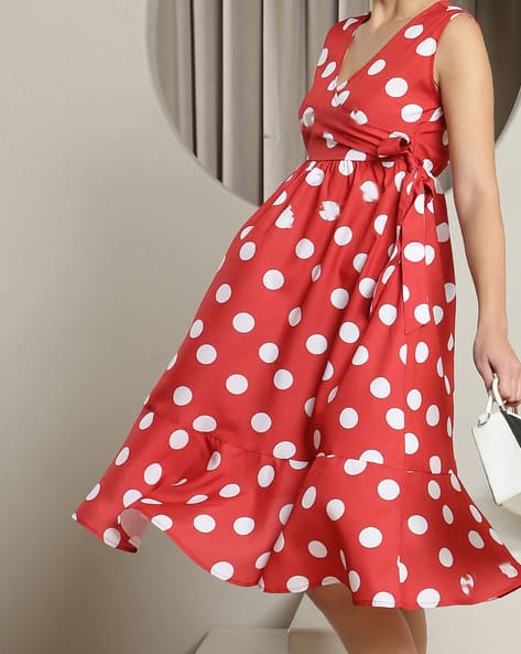 Shein Vintage Flared Hem Ruched Back Sleeveless Polka-dot Wrap Dress