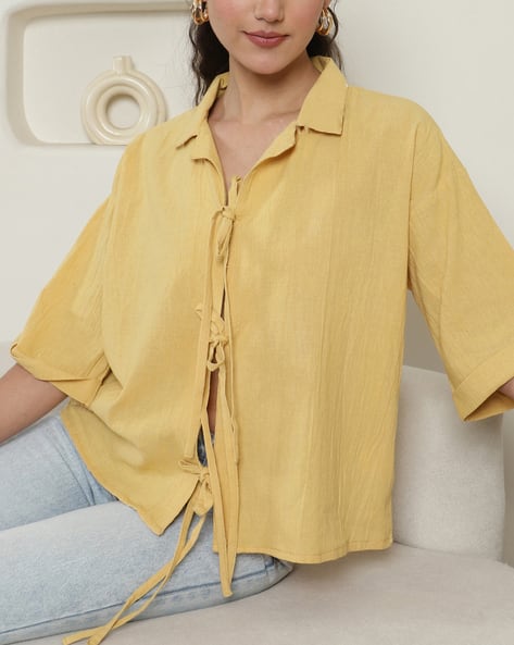Shein Bold Elbow-length Drop-shoulder Sleeves Front Tie-up Blouse Top