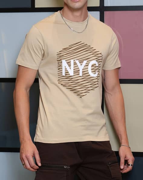 Shein Short Sleeves Chest Typographic Print Khaki Tshirt