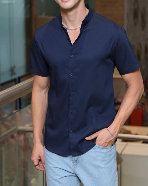 Shein Medium Length Band Collar Short Sleeves Shirt