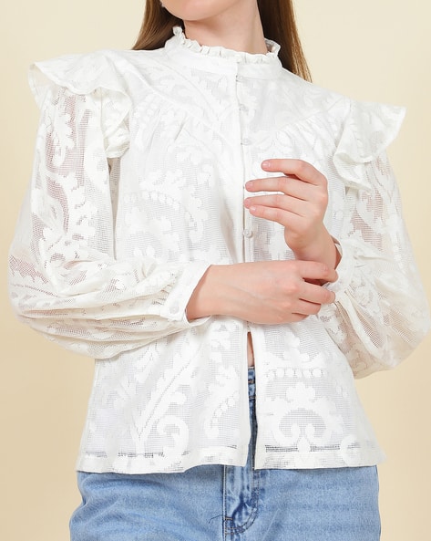 Shein Ruffle Detail Full Sleeve Lace Shirt Style Top