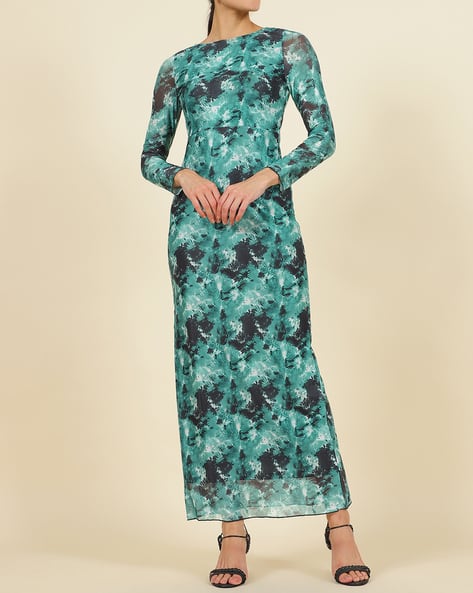 Shein Elegant Full Sleeves Tie and Dye Print Maxi Sheath Dress