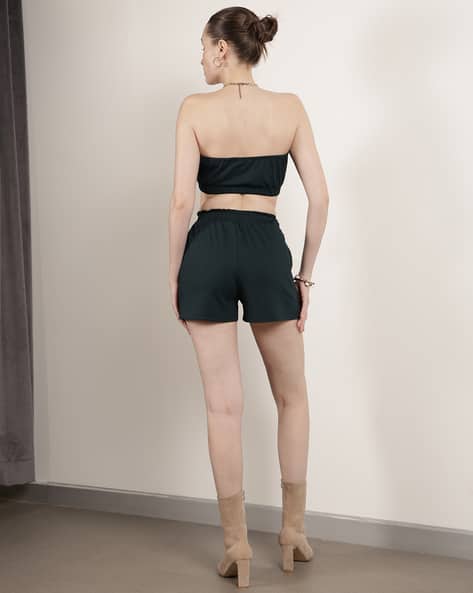 【Anyone more】Signature String Crop Short Padding Buy Teal Co-ord Sets for Women by Shein Online | sheinindia.in