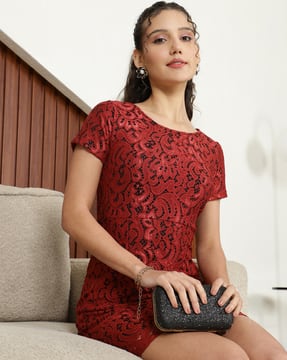 red lace dress online india Buy Red Polyester Lace Round Neck Midi Dress For Women by Dash And Dot Online at Aza Fashions