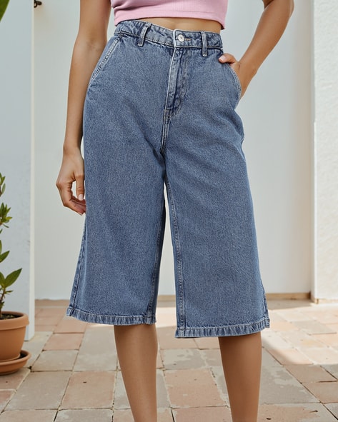 Shein Knee Length High Rise Wide Denim Shorts