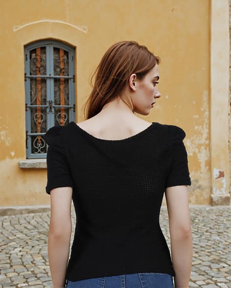 square neck puff shoulder black top