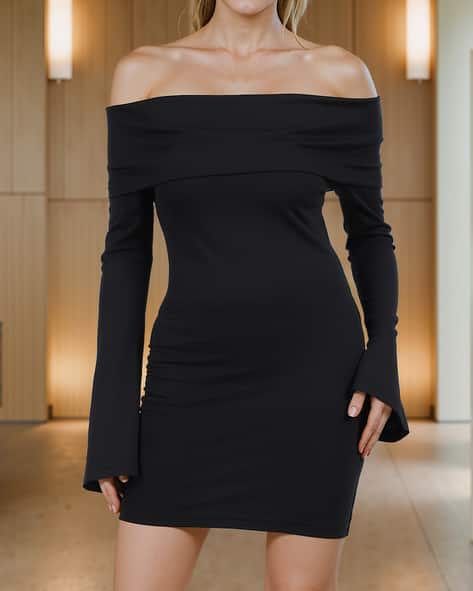 Bodycon Dress Black Off The Shoulder Bell Sleeve Dress Women Elegant Off Shoulder Lace Bodycon Maxi Dress Bell Sleeve Mesh Sheer  Mermaid Wedding Party Dress Black S