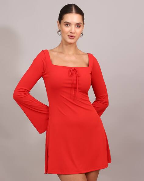 strapless open back dress Long Sleeve Mini Dress With Drape Detail Red Occasion Outfit   Styledup.co.uk