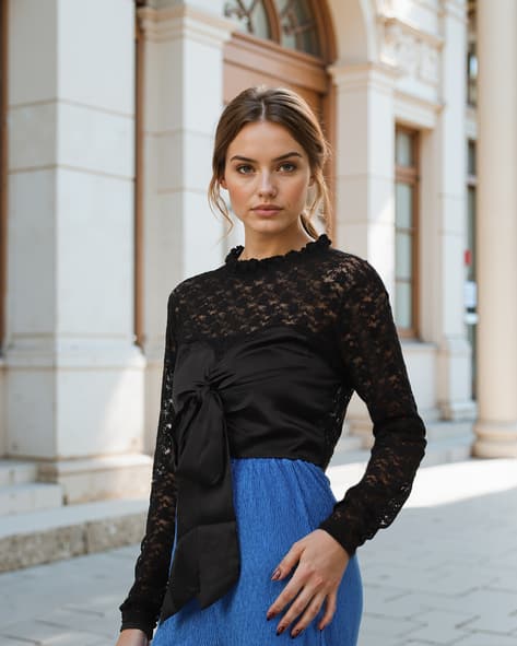 Shein Party Ruffle Neck Front Tie-Up Lace Semi-Sheer Fitted Top