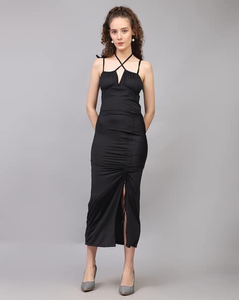 black ruched dress shein SHEIN EZwear Ruched Drawstring Side Bodycon Dress