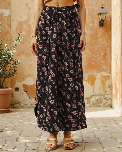 Shein Waist Tie-Up Floral Print Wrap Maxi Skirt