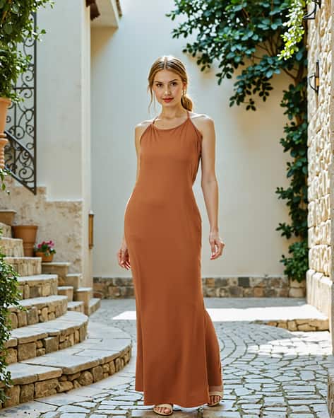 brown tie up dress Brown Satin Tie-Strap Maxi Dress Crimson Wine / L