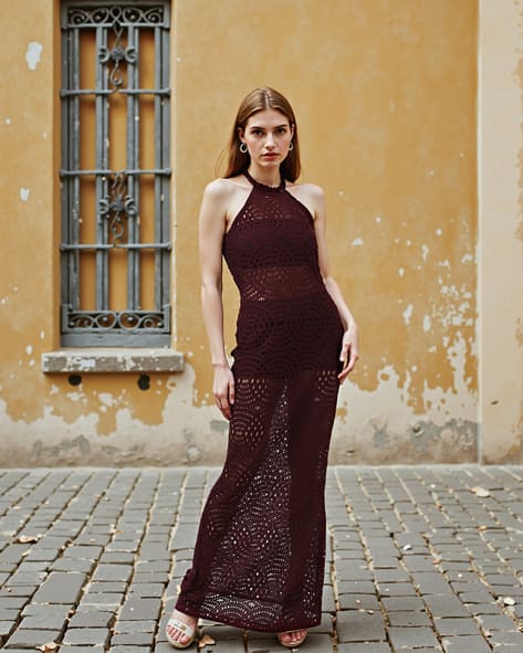 Shein Tie-Up Halter Neck Sheer Maxi Sheath Dress