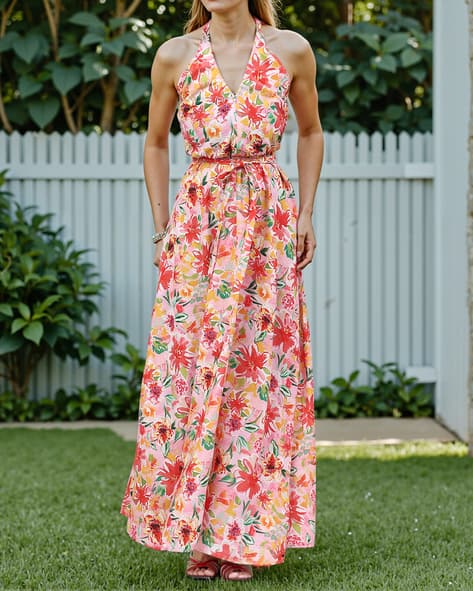 Shein Halter Neck Floral Print A-Line Maxi Dress