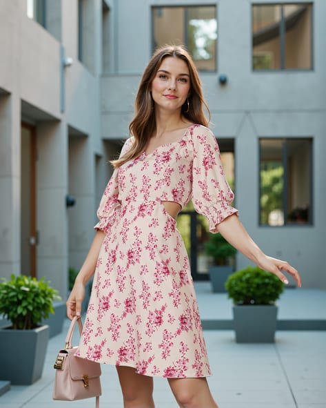 Shein Cute Peasant Sleeves Floral Midi Skater Dress