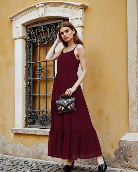 shein burgundy maxi dress SHEIN Burgundy Polka Dot Wide Waistband Button Detail Maxi Dress Women   Yusen and Miller Distribution Services