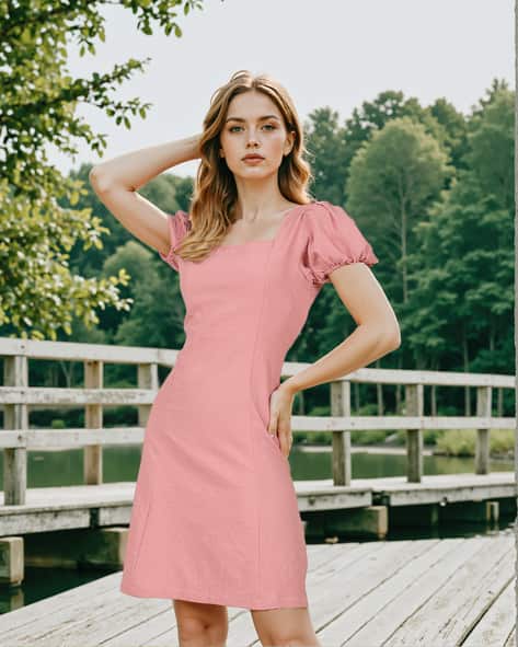 shein pink dress puff sleeve Modelyn Romantic Elegant Puff Sleeve A-Line Dress For Women