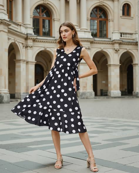 Shein Vintage Flared Hem Ruched Back Sleeveless Polka-dot Wrap Dress
