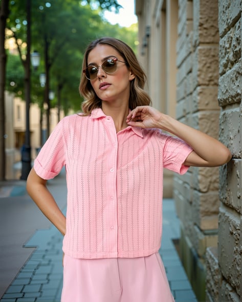 Shein Modest Crochet Spread Collar Short Sleeve Loose Fit Shirt