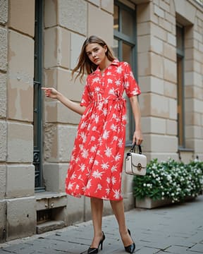 knee length dresses for ladies SHEIN Modely Allover Floral Print Puff Sleeve Belted Dress  Bechlo.pk