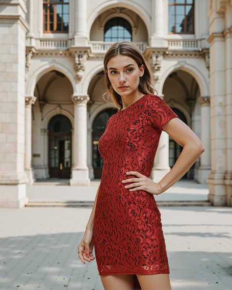 chinese dress ladies SheIn Women's Floral Lace Short Sleeve A Line Dress Pleated Tie Waist Short Dresses  Red M: Buy Online at Best Price in Egypt main image 0
