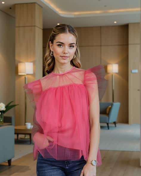 Shein Party Flared Hem Cap Sleeves Semi Sheer Ruffled Relaxed Fit Top