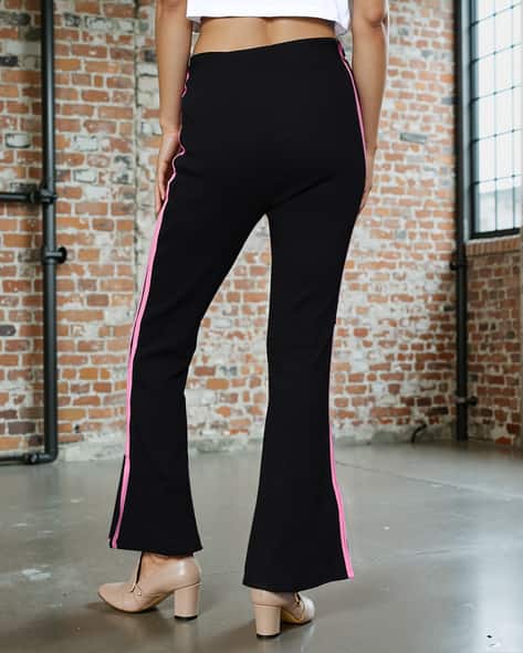 Wide Leg Black Pants With Pink Stripes Shein Full Length Slit Hem